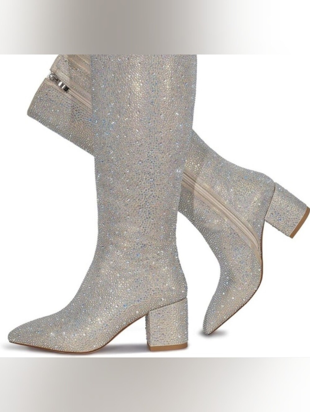 Wet Kiss Silver And Irridescent Sparkle Rhinestone Knee-High Block Heel Boots
